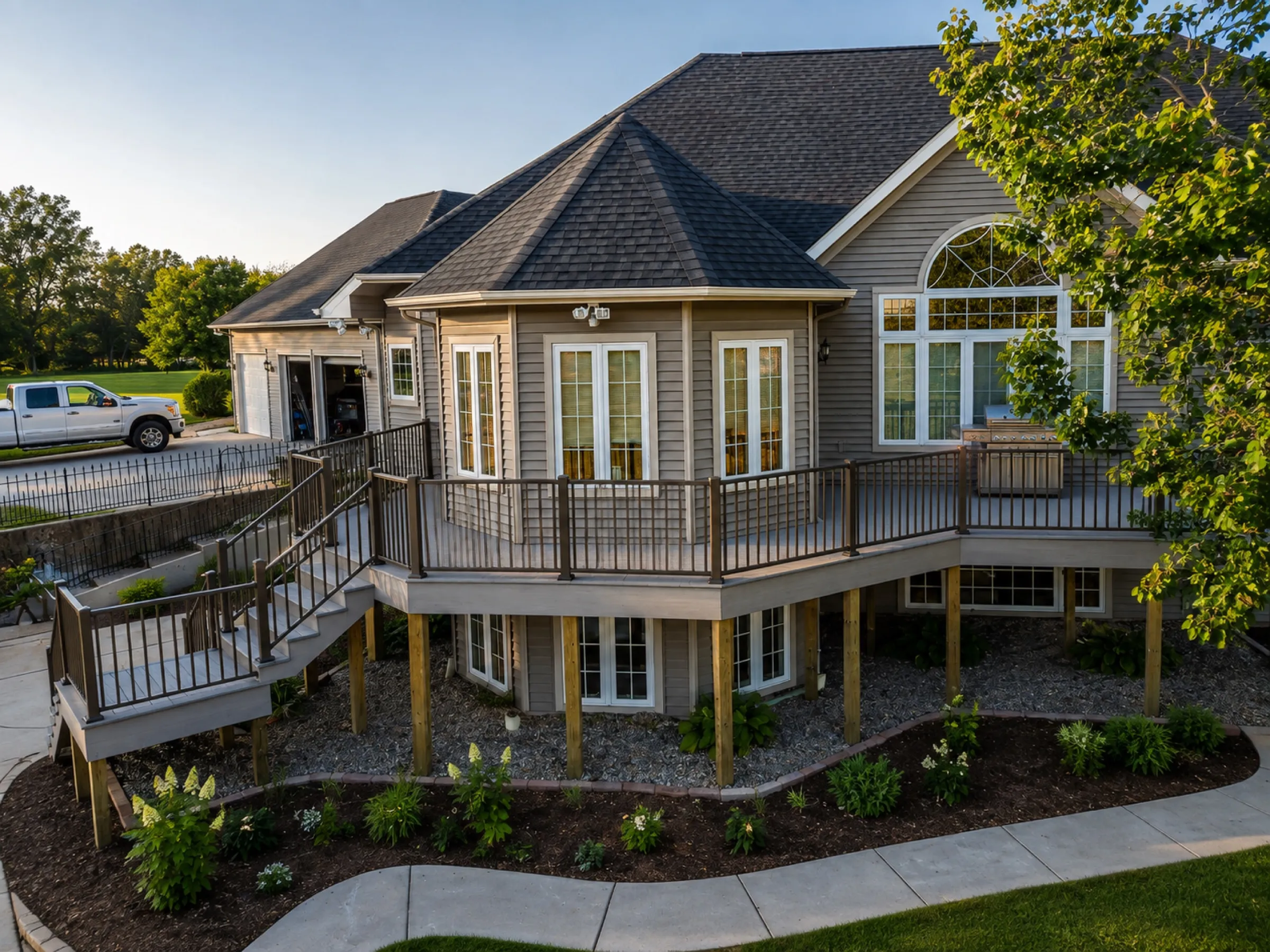 Aerial view of a curved two-level composite deck with dark aluminum railing wrapping a turret-style home at sunset