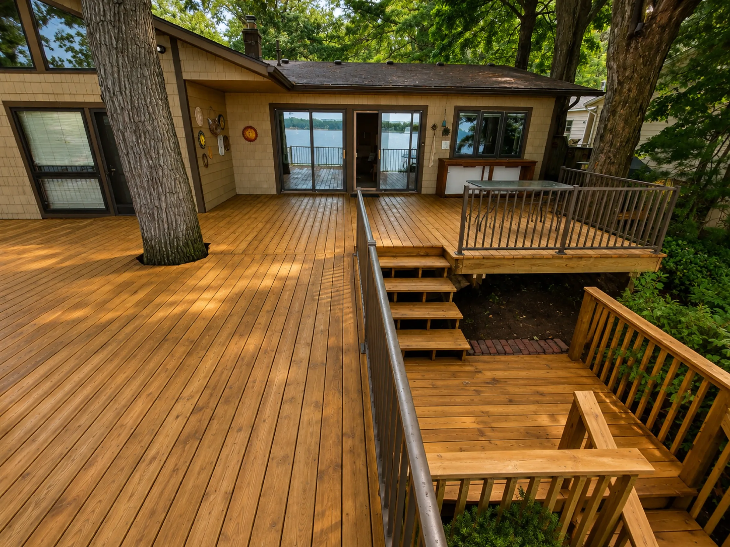Golden-stained wood deck wrapping around two mature trees at a lakefront cottage, with steps down to a lower seating area
