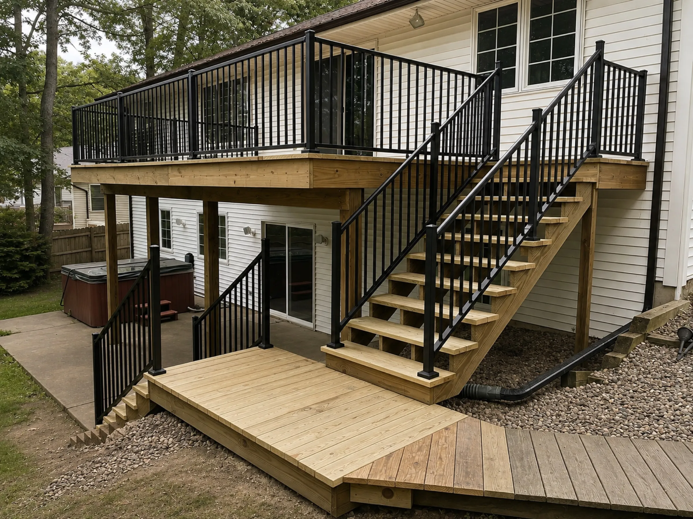 Two-level treated wood deck with black aluminum railing, an open staircase, and a lower landing deck beside a hot tub patio